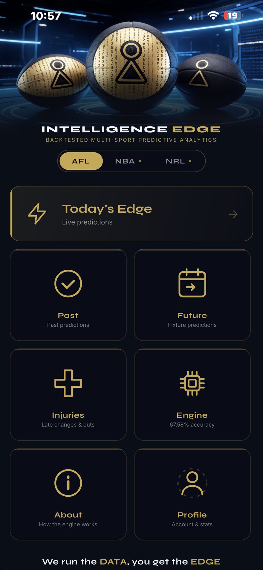 Intelligence Edge app home screen, showing the sport selector and section tiles