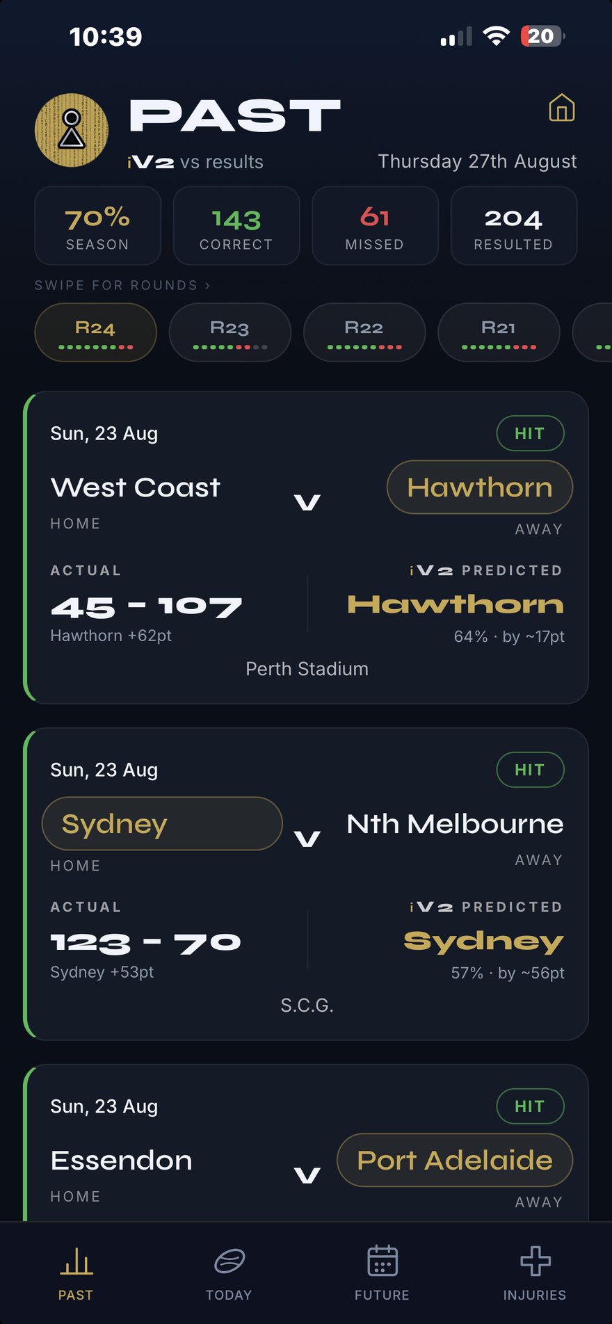 Intelligence Edge app Past screen, engine predictions marked against final results