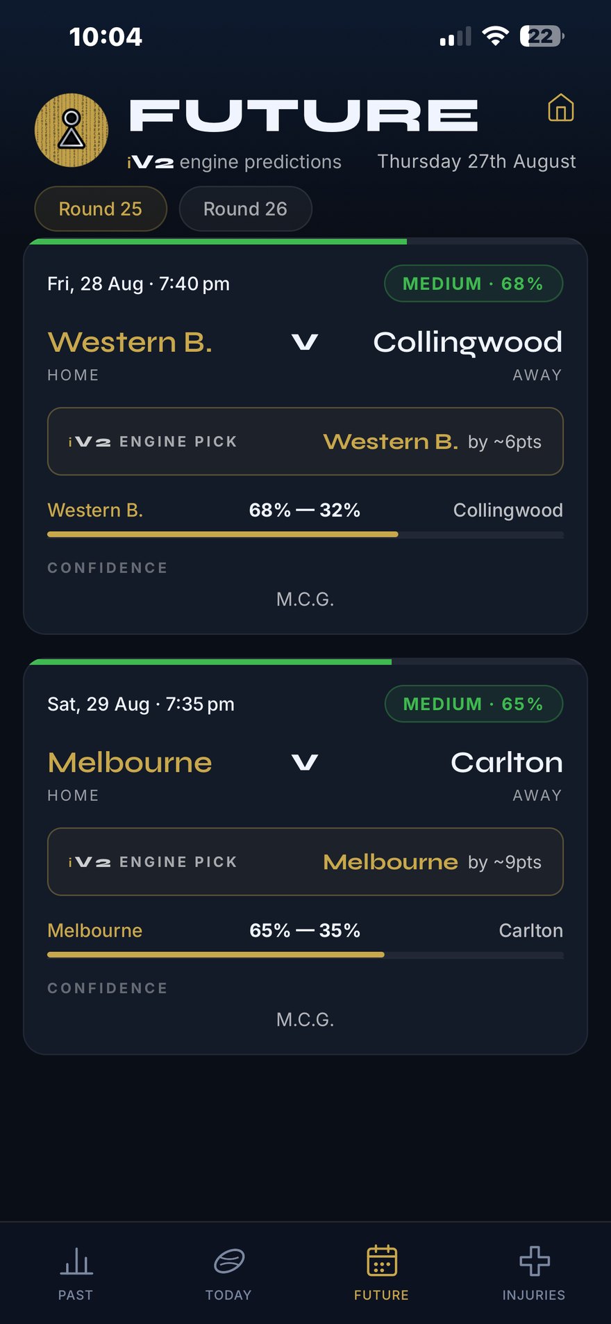 Intelligence Edge app Future screen, upcoming fixture predictions with confidence